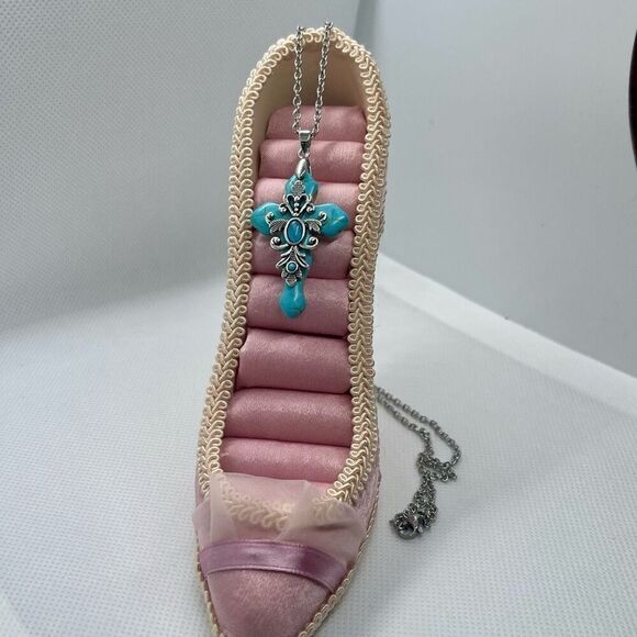 Turquoise Howlite Stone Cross Pendant Necklace Womens Casual Religious Jewelry - Picture 5 of 6